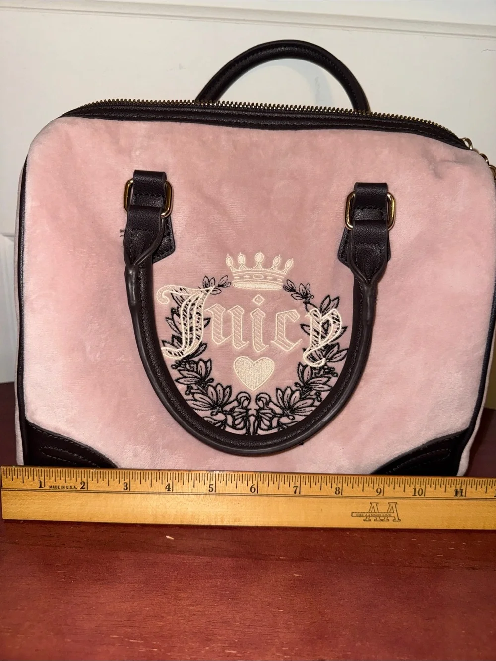 Juicy Couture Pink Suede Satchel with Dark Brown Trim & Gold Hardware